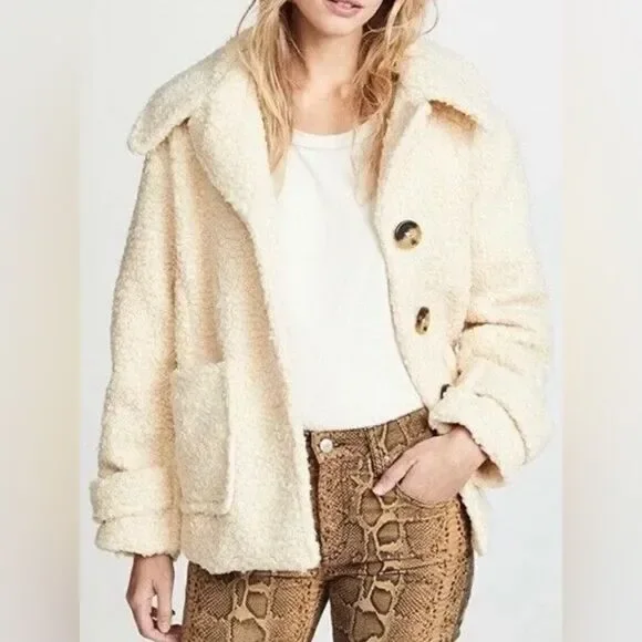 Free People Runway Popular Soft Teddy Bear Faux Fur Ivory Sherpa JacketSize M